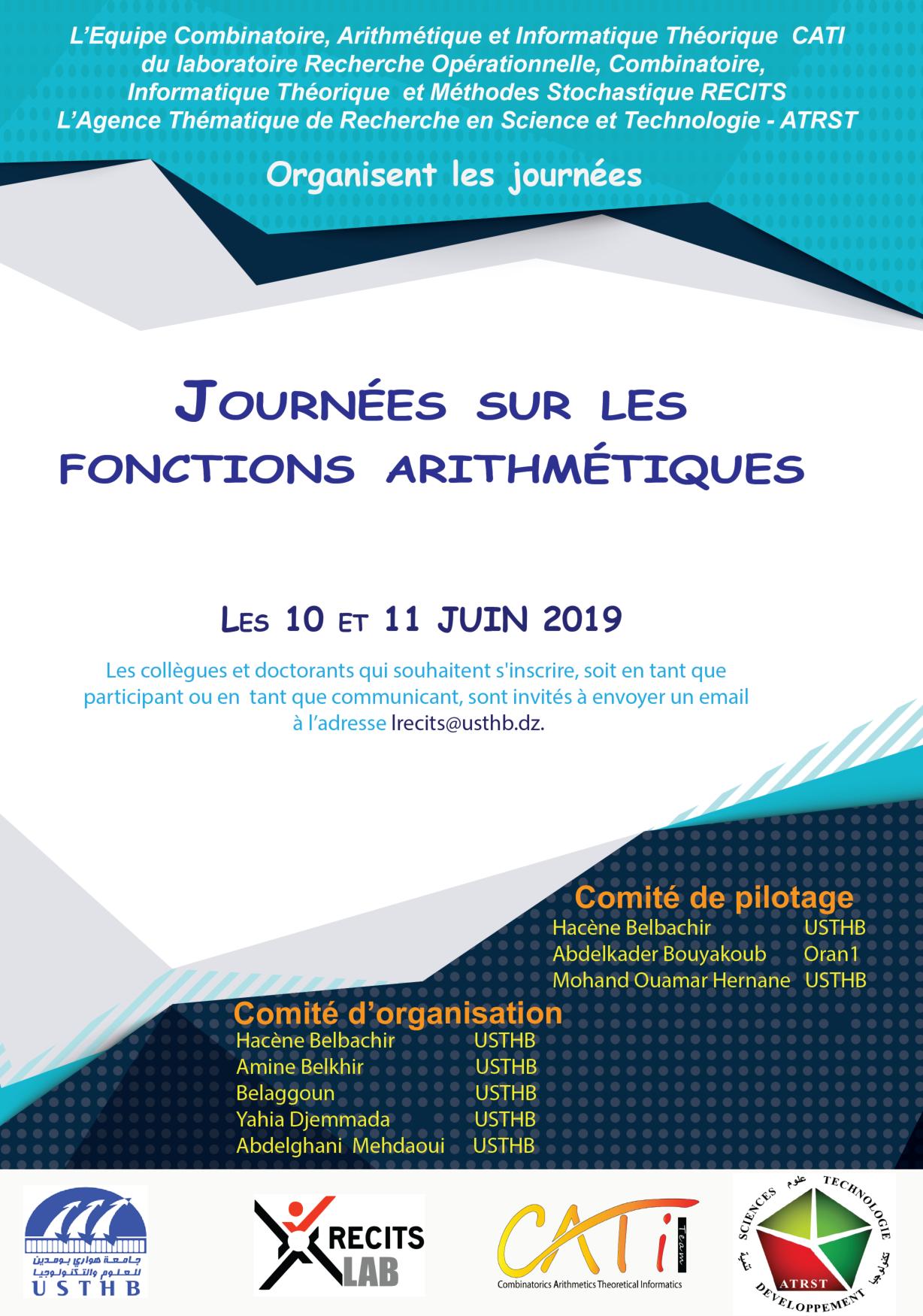 Journée sur les Fonctions Arithmétiques, les 10 & 11 Juin 2019